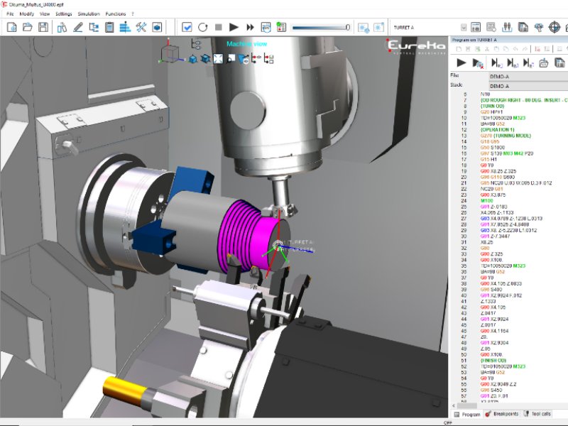 Eureka Virtual Machining simulating an Okuma Multus U4000 mill-turn centre